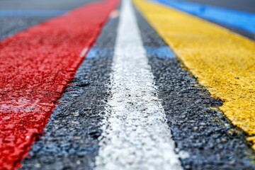 A close-up view of a race track's finish line, with painted lines of red, blue, yellow, and white.