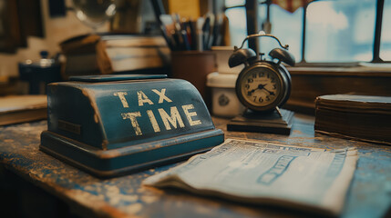 "TAX TIME" on an old school leather stamperia, next to it is an aged office desk with papers and a vintage time piece as decor.