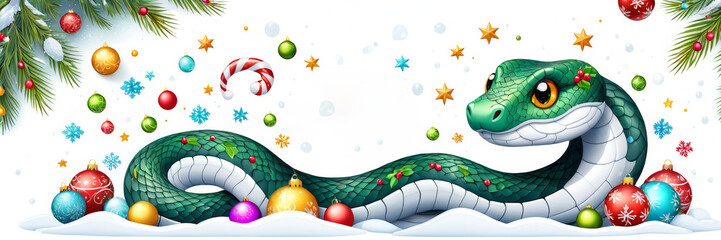 Fototapeta premium A banner with a cute cartoon snake with snowflakes, branches of a Christmas tree decorated with Christmas toys.