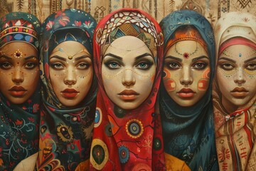 Vibrant Portrait of Five Women in Colorful Traditional Attire with Intricate Patterns and Cultural Makeup