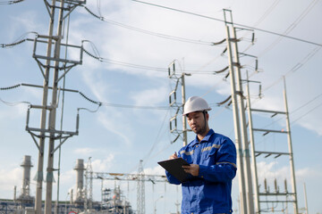 Fototapeta premium Electrical engineers work at power plants,Industrial plant maintenance technician