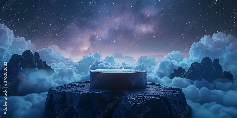 Poster a large empty space with a small pedestal in the middle. the sky is filled with clouds and stars