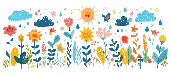 Colorful Floral Illustration with Sunny Sky and Rain
