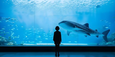 Person watches whale shark among sea life at Osaka Aquarium Kyukan. Concept Aquarium visit, Marine animals, Ocean scenery, Giant fish, Sea life observation