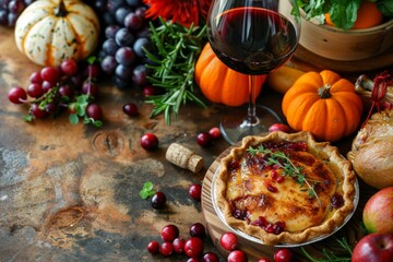 A delightful autumn feast with pumpkin pie, cranberries, grapes, pumpkins, and a glass of red wine, showcasing the bounty of the season.