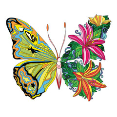 Illustration Of a Butterfly With Intricate Patterns On Its Left Wing and Floral Designs Integrated Into Its Right Wing. Complex Butterfly Vector Illustration. Beautiful Complex Butterfly Vector.