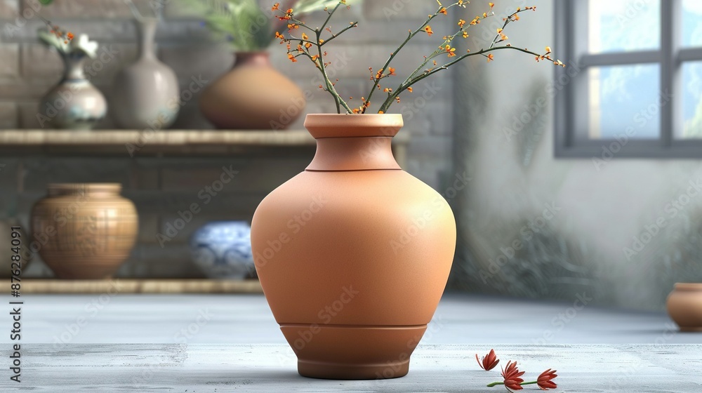 Poster a vase with flowers on a table in front of a shelf with more vases