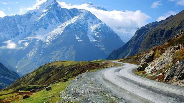   A stunning view of a road winding through the mountains, with a majestic peak in the background dusted with snow