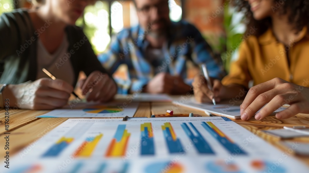 Poster leading team meeting with data: close-up of manager facilitating discussion with charts and graphs o