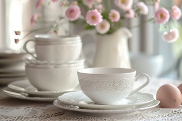 Fototapeta premium A beautifully set table with an elegant white tea set and delicate pink flowers, creating a serene and refined atmosphere.
