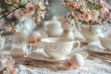 Fototapeta premium A beautifully set table with an elegant white tea set and delicate pink flowers, creating a serene and refined atmosphere.
