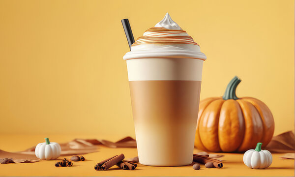 Pumpkin spice latte for Halloween on a pastel yellow background.