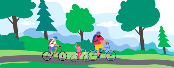 happy family riding bikes in the park outdoor bicycling summer activity vector illustration