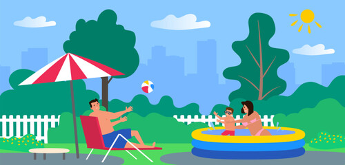 happy family playing in backyard enjoying summer .inflatable pool lounger relaxing zone vector illustration