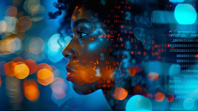 AI cyber security threat, Black African American female IT professional analyzing data information technology, augmented reality artificial intelligence collage.