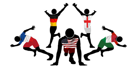 A black-clad athlete running nation in a minimalist isolated background.