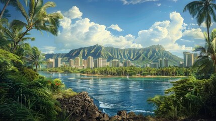 Naklejka premium an image of hawaii looking like reality with the background of scenic hawaian nature combined with hawaiian cityscape.