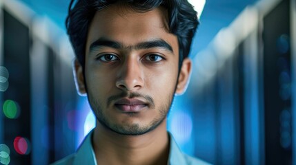 The close up picture of the IT specialist man from south asia is looking at camera and working in the server room, the IT specialist require skill like technology knowledge and data analysis. AIG43.tt
