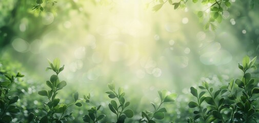 Obraz premium Sunlight filtering through small green plants in lush forest, futuristic, manipulation 