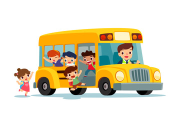 happy kids getting on school bus