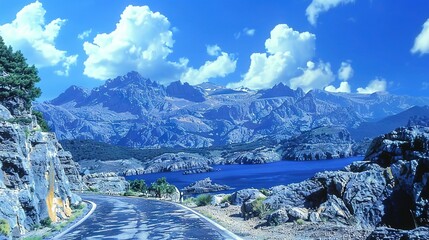   A picture of a winding road with a serene lake centered and fluffy clouds overhead