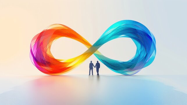 two people standing in front of an infinity symbol