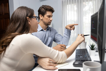 Team skilled developers program thinking newest coding creative website planning software project...