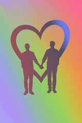 two people holding hands in front of a rainbow colored heart