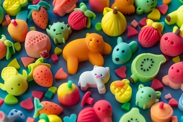 A whimsical collection of novelty erasers shaped like animals and fruits, arranged playfully on a child's study desk