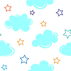 A beautiful children's illustration with blue clouds and stars