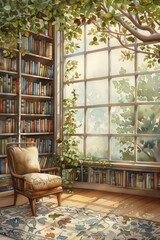 Watercolor depiction of a cozy reading nook, whimsical, fusion, large bookshelf backdrop