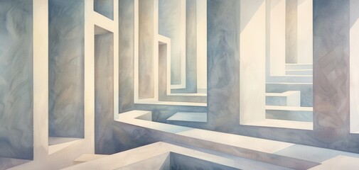 Obraz premium Watercolor depiction of clean lines in geometric maze, whimsical, fusion, architectural backdrop
