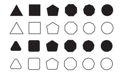 Geometric shapes set with rounded and triangle corners ,fill and outline square pentagon,octagon,decagon, octagon, sharp and slightly rounded version.Vector design