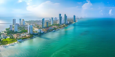 Fototapeta premium Aerial view of modern Bocagrande district in Cartagena Colombia a UNESCO site. Concept Aerial Photography, Bocagrande District, Cartagena, Colombia, UNESCO Site