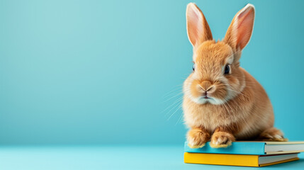 Obraz premium Red bunny sitting on books, blue backround with copyspace. Back-to-school banner