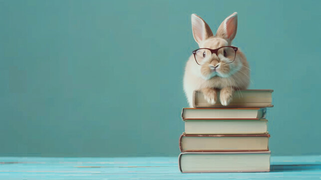 Cute rabbit in glasses sitting on  the stack of books. Blue background anner with copyspace