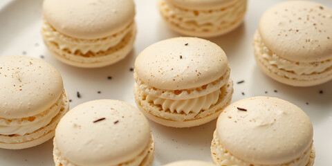 Vanilla macarons arranged symmetrically on white porcelain plate, close-up.