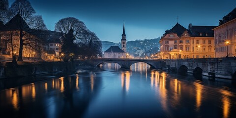 Fototapeta premium Illuminated Heritage Swiss Nights in Blue and Amber.jpeg