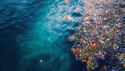 Various rubbish and garbage, mostly plastic floating on sea surface. View from above. Ocean great garbage patch concept. Generative AI