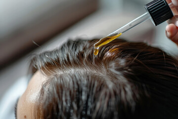 Beautician is applying a hair growth serum on the scalp of a client for a healthy hair treatment