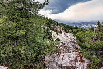 Part of an abandoned Penteli marble quarry in Attica, Greece.