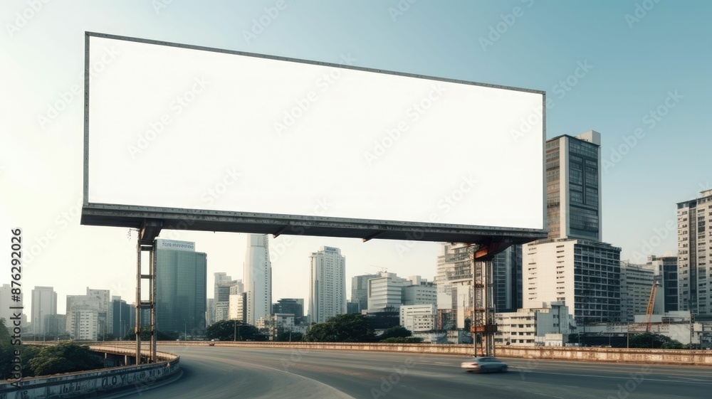 Aufkleber urban billboard above an empty highway with overcast skies and modern cityscape in the background. a