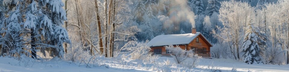 Charming Rustic Cabin Nestled in a Winter Wonderland, Surrounded by Snow-Covered Forest with Chimney Smoke Rising in Crisp Air, AI-Generated Background