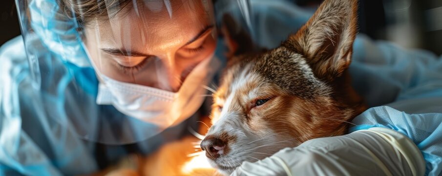 Close-up of veterinarian in protective gear comforting a pet with high contrast lighting