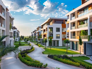 Obraz premium Serene Urban Oasis - Residential Neighborhood with Stylish Buildings and Green Pathways