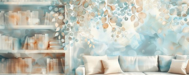 Abstract watercolor cozy nook with books and comfortable seating, ethereal, overlay, home library backdrop