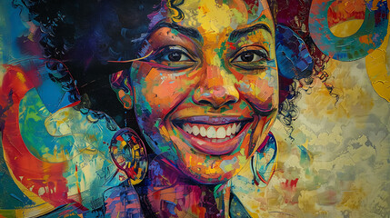  vibrant abstract portrait of a joyful black woman, her smile radiating warmth amidst a colorful backdrop, celebrating diversity and happiness in a contemporary artistic style