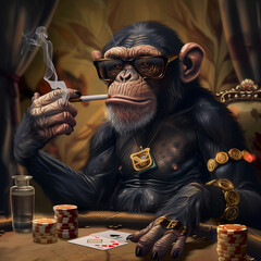 arafed monkey sitting at a table with a cigarette and playing cards