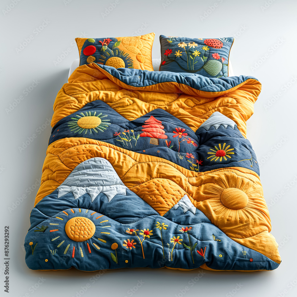 Poster a bedroom with a bed that has a colorful pattern of clouds and animals on it.