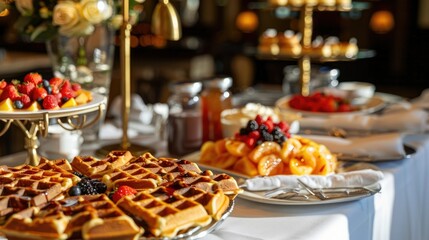 Fototapeta premium Indulgent Hotel Breakfast Buffet with Fluffy Waffles Fresh Berries and Maple Cured Bacon